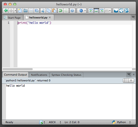 Screenshot of Komodo Edit with the Hello World program